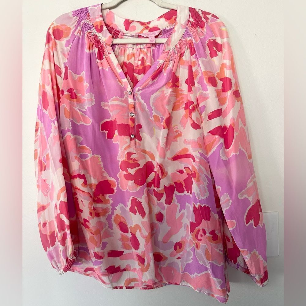 LILLY PULITZER Pink Purple Watercolor Floral Silk Tunic Blouse L
